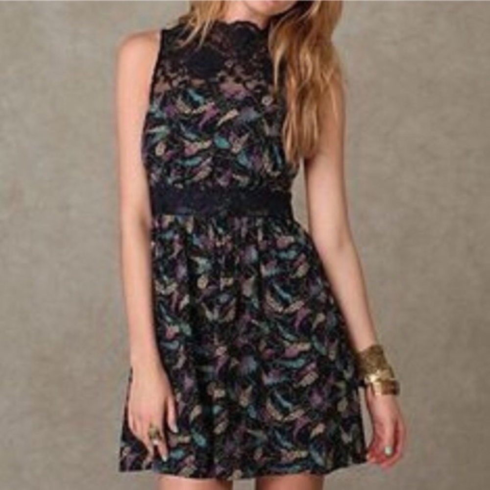 Free People Tea For Two Blue Lace Sleevles Dress